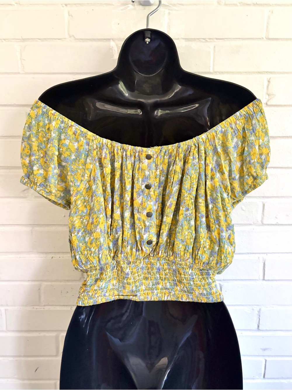 Free People Yellow & Blue Floral Off-Shoulder Smocked Crop Top, SZ S - Picture 7 of 7